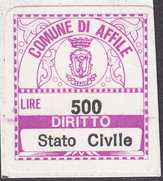 Marca da Bollo del Comune di AFFILE su Carta Bianca di dimensioni 19 x 21 mm