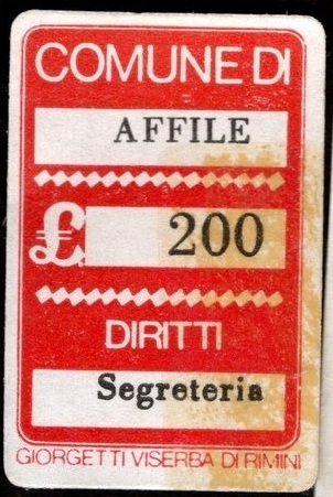 Marca da Bollo del Comune di AFFILE su Carta Bianca di dimensioni 16 x 23,5 mm