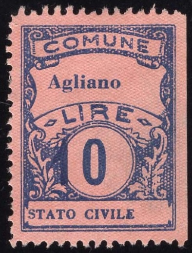 Marca da Bollo del Comune di AGLIANO TERME su Carta Colorata di dimensioni 23 x 29 mm