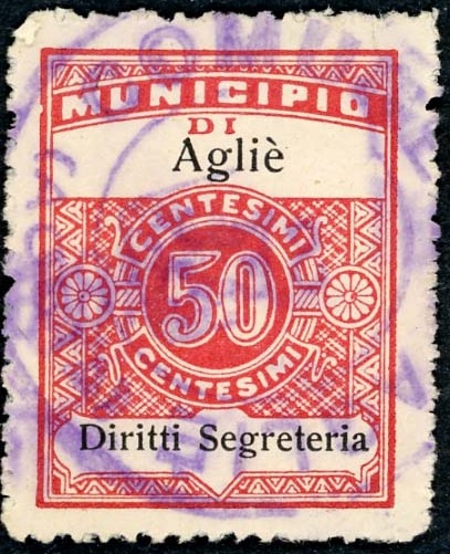 Marca da Bollo del Comune di AGLIE´ su Carta Bianca di dimensioni 23,5 X 30 mm