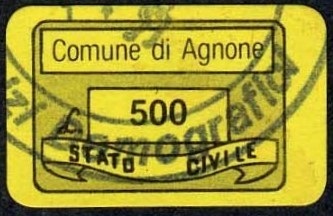 Marca da Bollo del Comune di AGNONE su Carta Colorata di dimensioni 19 x 14,5 mm