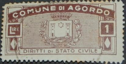 Marca da Bollo del Comune di AGORDO su Carta Bianca di dimensioni 45 x 21 mm