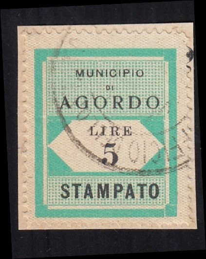 Marca da Bollo del Comune di AGORDO su Carta Bianca di dimensioni 24,5 x 29 mm