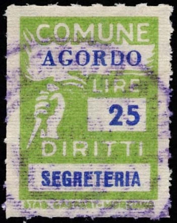 Marca da Bollo del Comune di AGORDO su Carta Bianca Sottile di dimensioni 18,5 x 26 mm