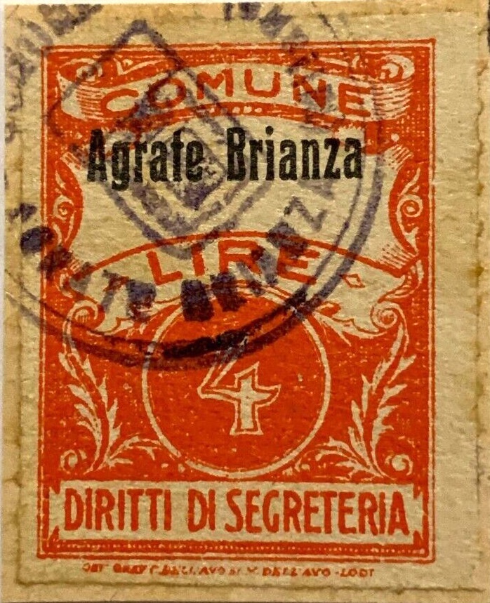 Marca da Bollo del Comune di AGRATE BRIANZA su Carta Bianca Sottile di dimensioni 22 x 29 mm