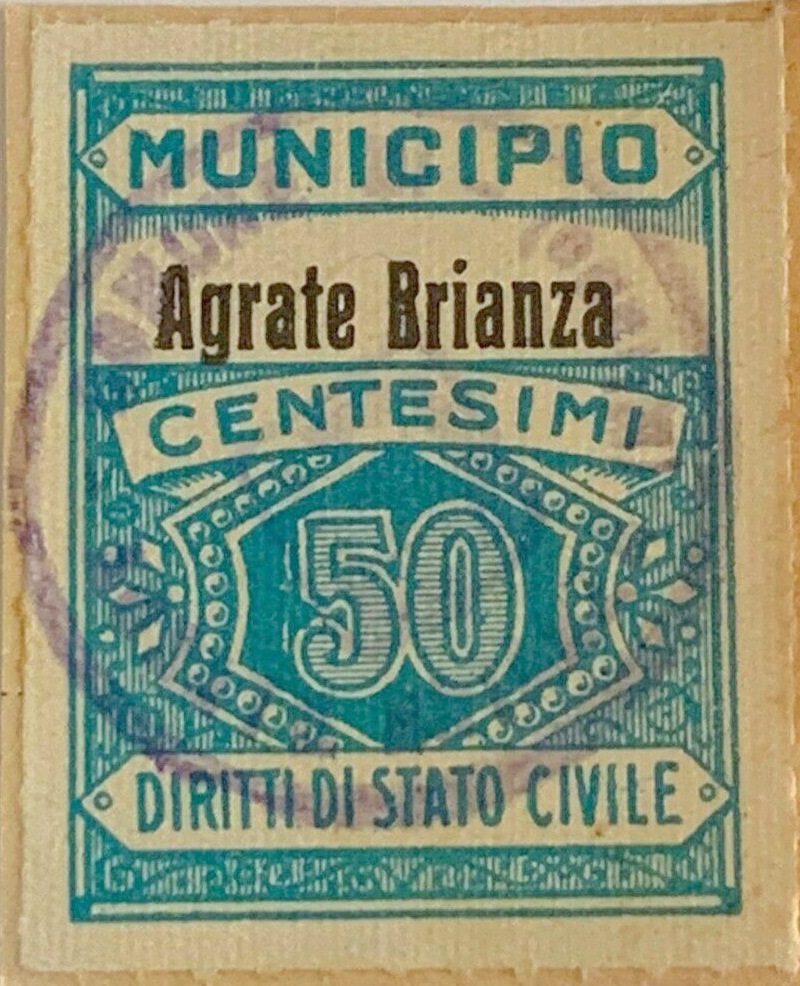 Marca da Bollo del Comune di AGRATE BRIANZA su Carta Bianca Sottile di dimensioni 23 x 29 mm