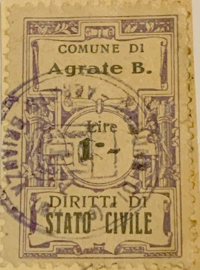 Marca da Bollo del Comune di AGRATE BRIANZA su Carta Bianca di dimensioni 20 x 30,5 mm