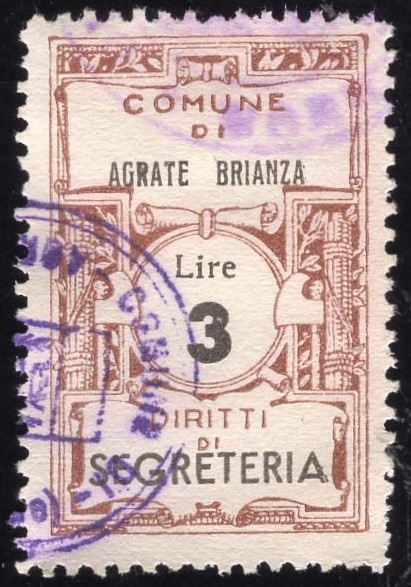 Marca da Bollo del Comune di AGRATE BRIANZA su Carta Bianca di dimensioni 20 x 30,5 mm