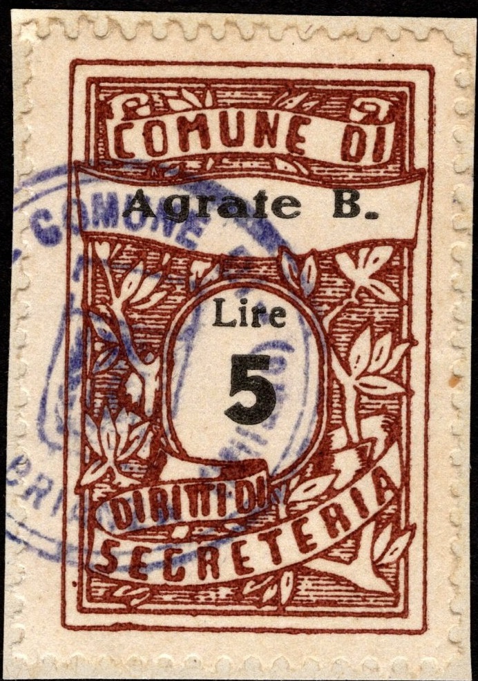 Marca da Bollo del Comune di AGRATE BRIANZA su Carta Bianca di dimensioni 20 x 30,5 mm