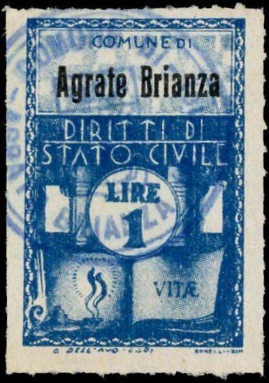 Marca da Bollo del Comune di AGRATE BRIANZA su Carta Bianca di dimensioni 21 x 33 mm