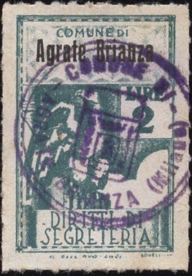 Marca da Bollo del Comune di AGRATE BRIANZA su Carta Bianca di dimensioni 22 X 33 mm