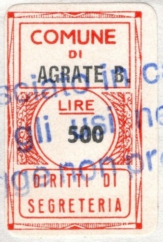 Marca da Bollo del Comune di AGRATE BRIANZA su Carta Bianca di dimensioni 17 x 27 mm