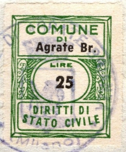 Marca da Bollo del Comune di AGRATE BRIANZA su Carta Bianca di dimensioni 23 c 26 mm
