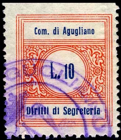 Marca da Bollo del Comune di AGUGLIANO su Carta Bianca di dimensioni 22 x 26 mm