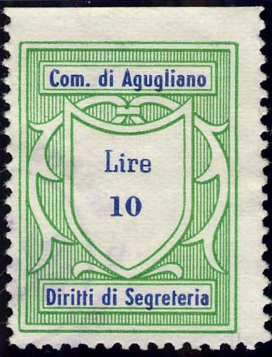 Marca da Bollo del Comune di AGUGLIANO su Carta Bianca di dimensioni 21,5 x 29 mm