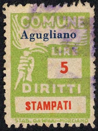 Marca da Bollo del Comune di AGUGLIANO su Carta Bianca di dimensioni 18,5 x 25 mm
