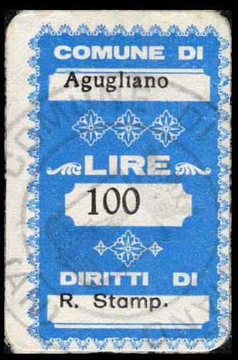 Marca da Bollo del Comune di AGUGLIANO su Carta Bianca di dimensioni 19,5 x 37 mm