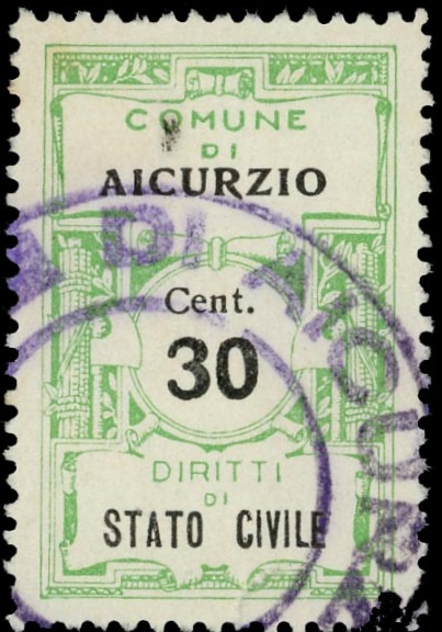 Marca da Bollo del Comune di AICURZIO su Carta Bianca di dimensioni 20 x 30,5 mm