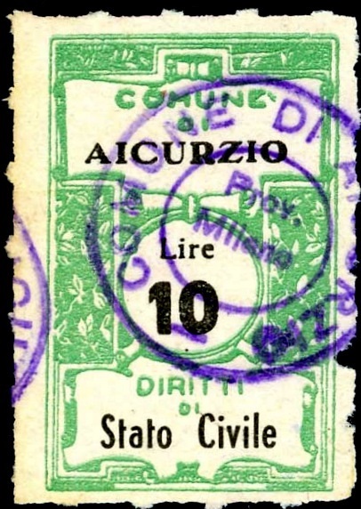 Marca da Bollo del Comune di AICURZIO su Carta Bianca di dimensioni 20 x 30,5 mm