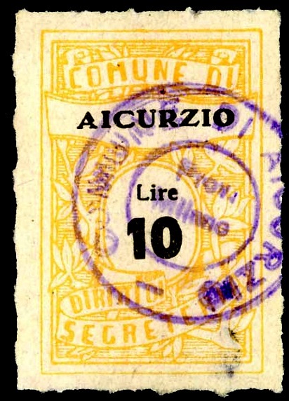 Marca da Bollo del Comune di AICURZIO su Carta Bianca di dimensioni 20 x 30,5 mm