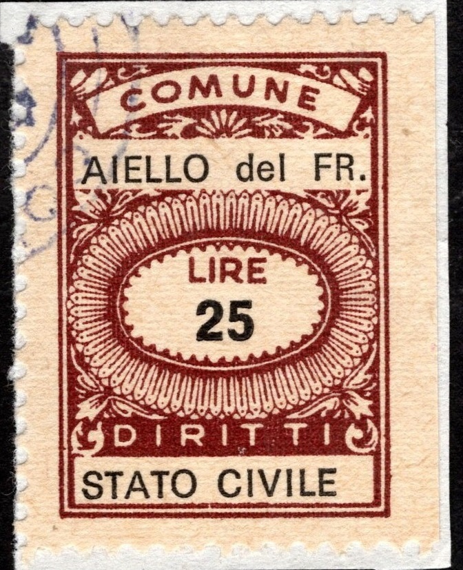 Marca da Bollo del Comune di AIELLO DEL FRIULI su Carta Bianca di dimensioni 18,5 x 26 mm