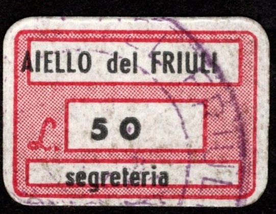 Marca da Bollo del Comune di AIELLO DEL FRIULI su Carta Bianca di dimensioni 20 x 14 mm