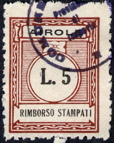 Marca da Bollo del Comune di AIROLE su Carta Bianca di dimensioni 189 x 25 mm