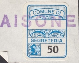 Marca da Bollo del Comune di AISONE su Carta Bianca di dimensioni 15,5 x 20,5 mm