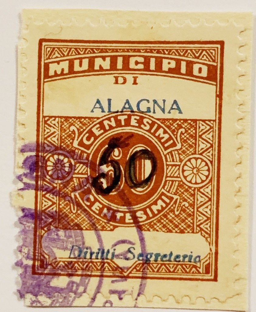 Marca da Bollo del Comune di ALAGNA PAVIA su Carta Bianca di dimensioni 22 x 29 mm