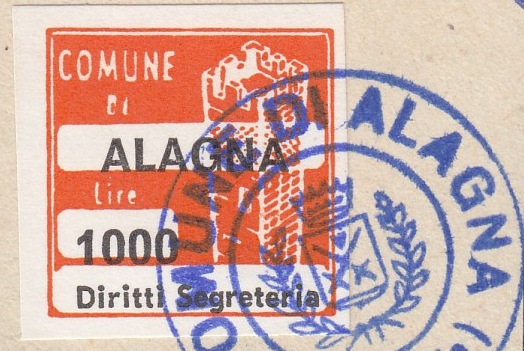 Marca da Bollo del Comune di ALAGNA PAVIA su Carta Bianca di dimensioni 20 x 20 mm