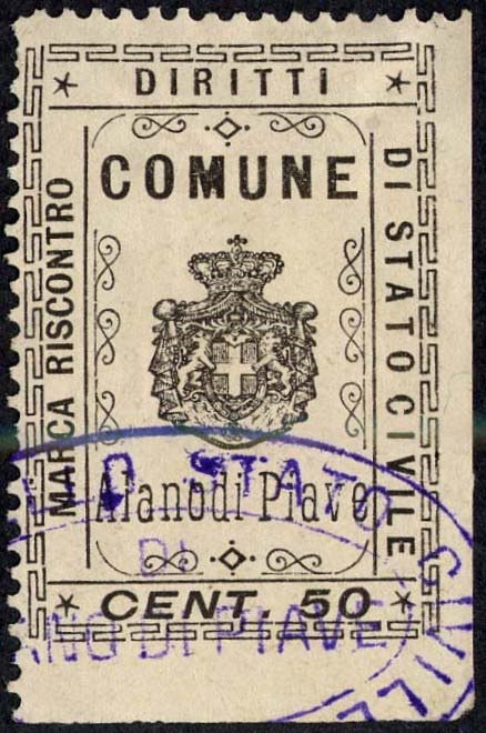 Marca da Bollo del Comune di ALANO DI PIAVE su Carta Bianca Sottile di dimensioni 25 x 36 mm