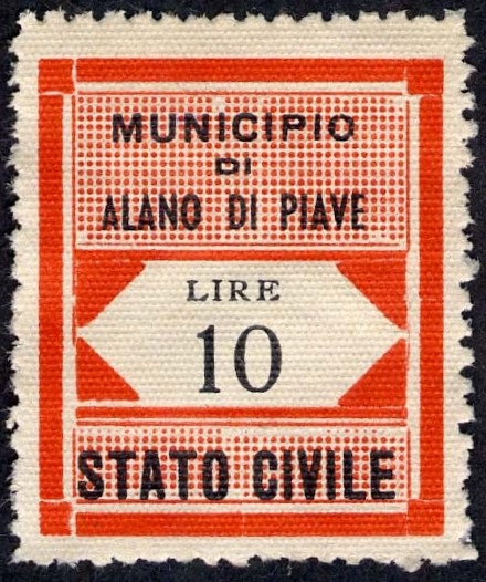 Marca da Bollo del Comune di ALANO DI PIAVE su Carta Bianca Sottile di dimensioni 24,5 x 29 mm