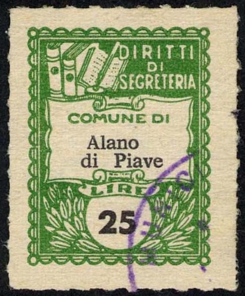 Marca da Bollo del Comune di ALANO DI PIAVE su Carta Bianca Sottile di dimensioni 22 x 29 mm