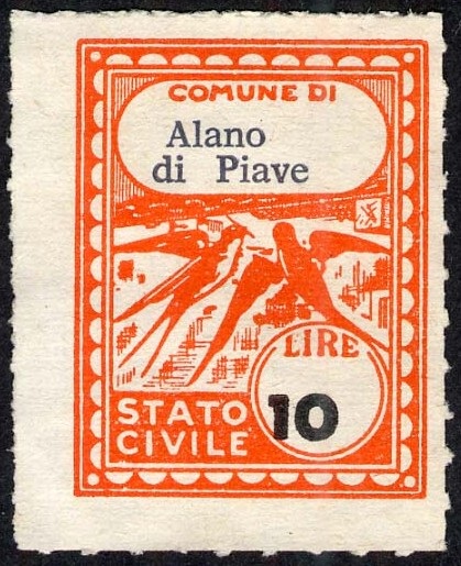 Marca da Bollo del Comune di ALANO DI PIAVE su Carta Bianca Sottile di dimensioni 17 x 22,5 mm