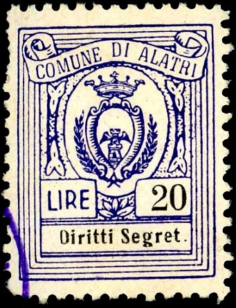 Marca da Bollo del Comune di ALATRI su Carta Bianca Sottile di dimensioni 20 x 26 mm