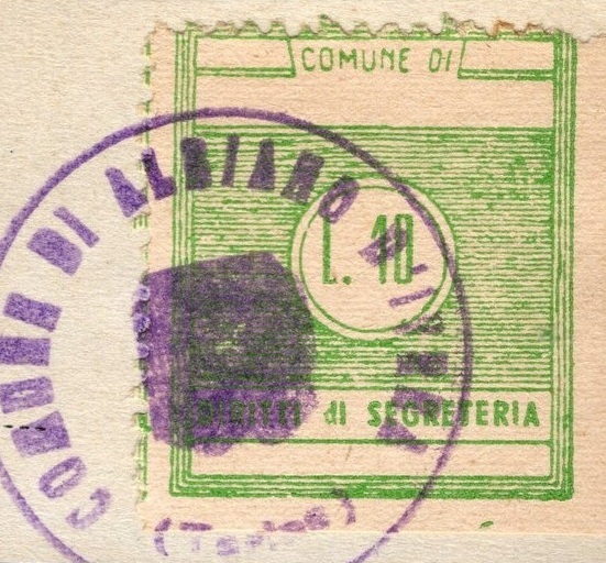 Marca da Bollo del Comune di ALBIANO D´IVREA su Carta Bianca di dimensioni 22 x 28 mm