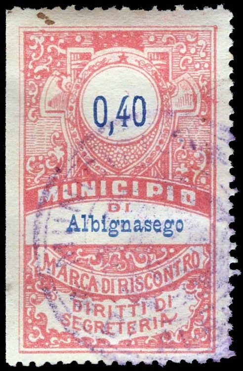 Marca da Bollo del Comune di ALBIGNASEGO (CARPANETO) su Carta Colorata di dimensioni 26 x 46,5 mm
