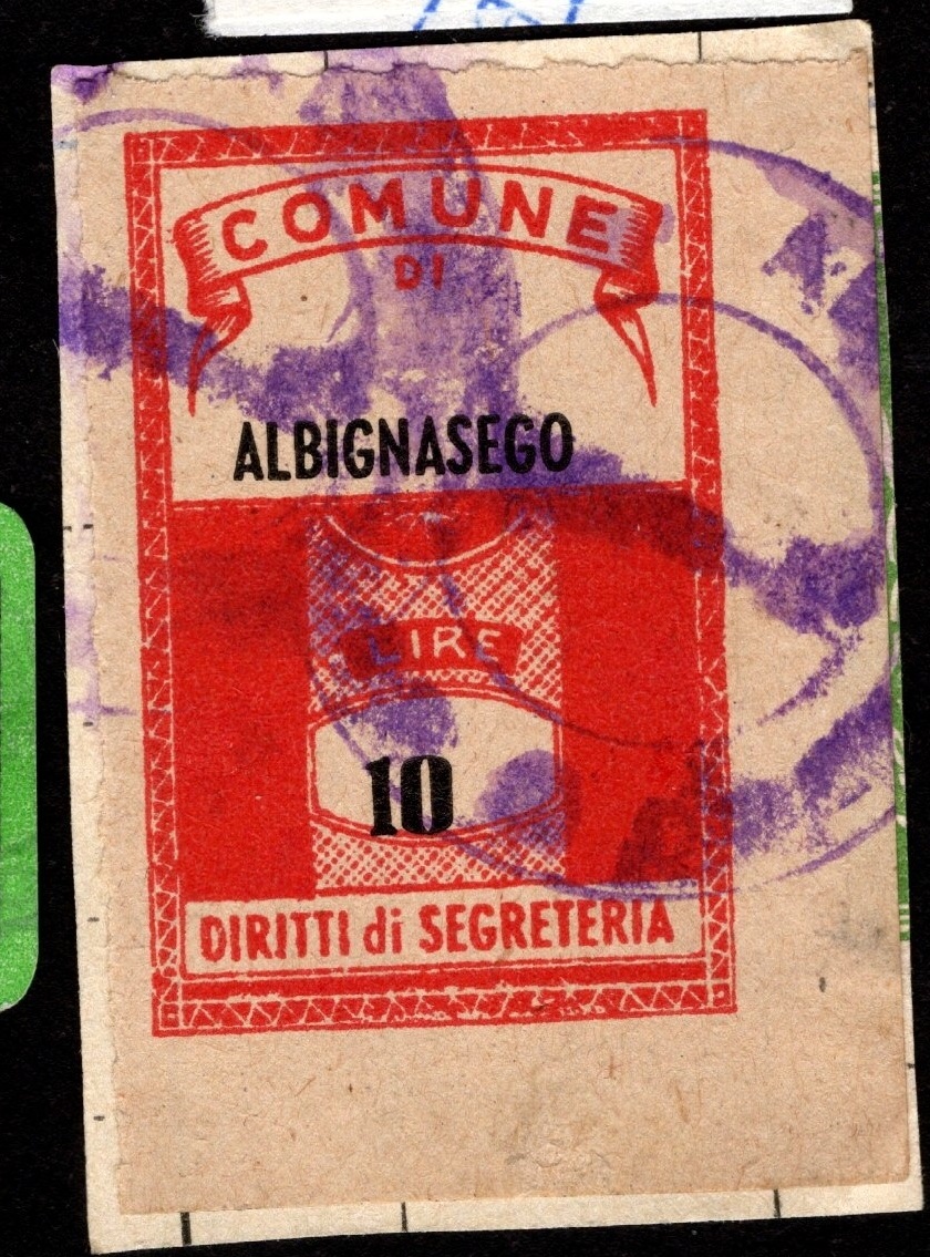 Marca da Bollo del Comune di ALBIGNASEGO (CARPANETO) su Carta Colorata di dimensioni 21 X 32 mm