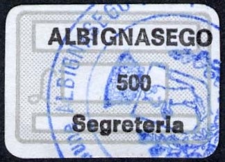 Marca da Bollo del Comune di ALBIGNASEGO (CARPANETO) su Carta Bianca di dimensioni 19 x 13 mm