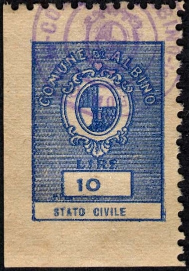 Marca da Bollo del Comune di ALBINO su Carta Bianca di dimensioni 18 x 19,5 mm