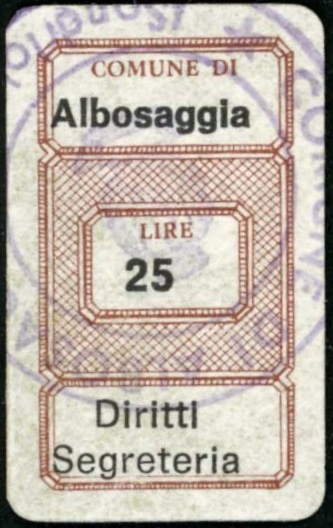 Marca da Bollo del Comune di ALBOSAGGIA su Carta Bianca di dimensioni 16,5 x 30 mm