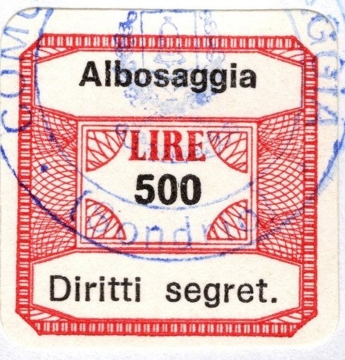 Marca da Bollo del Comune di ALBOSAGGIA su Carta Bianca di dimensioni 22 x 22 mm