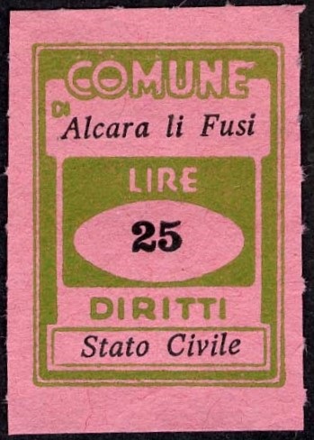 Marca da Bollo del Comune di ALCARA LI FUSI su Carta Colorata di dimensioni 18 X 25,5 mm