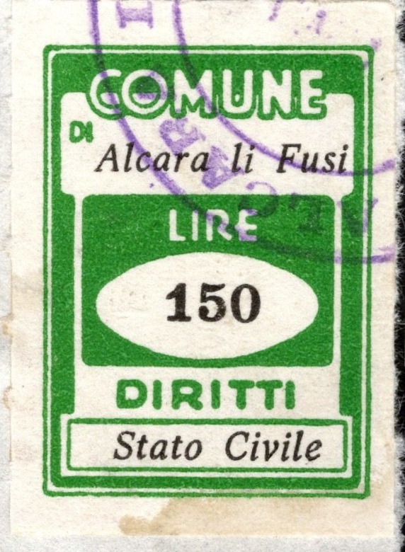 Marca da Bollo del Comune di ALCARA LI FUSI su Carta Bianca di dimensioni 18 x 27 mm