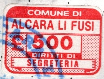 Marca da Bollo del Comune di ALCARA LI FUSI su Carta Bianca di dimensioni 20 x 14 mm