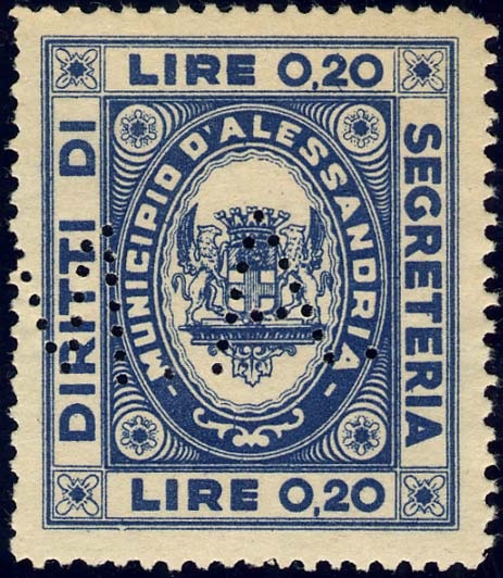 Marca da Bollo del Comune di ALESSANDRIA su Carta Bianca Sottile di dimensioni 26,5 x 31,5 mm