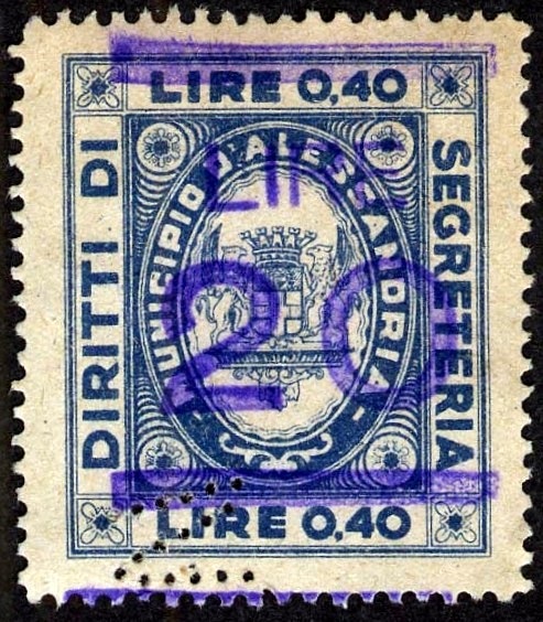 Marca da Bollo del Comune di ALESSANDRIA su Carta Bianca Sottile di dimensioni 26,5 x 31,5 mm