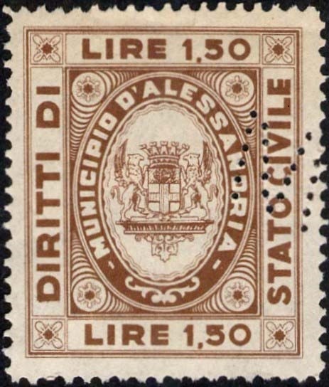 Marca da Bollo del Comune di ALESSANDRIA su Carta Bianca di dimensioni 26,5 x 32 mm