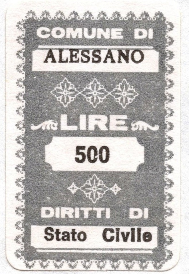 Marca da Bollo del Comune di ALESSANO su Carta Bianca di dimensioni 16 x 32 mm