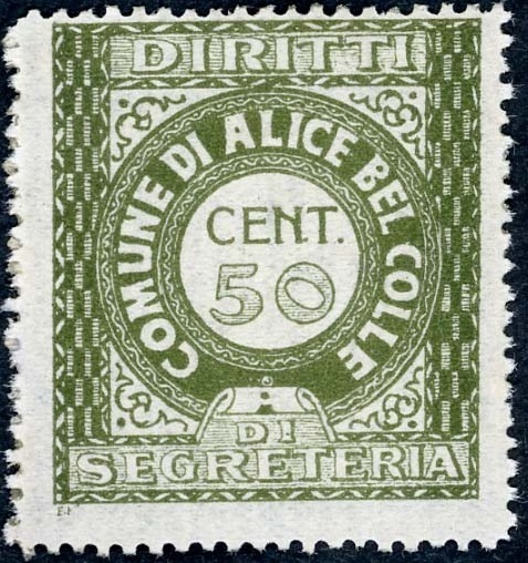 Marca da Bollo del Comune di ALICE BEL COLLE su Carta Bianca Sottile di dimensioni 24,5 x 27 mm